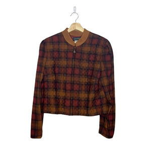 𝅺donna‎ Morgan Blazer Jacket Orange Yellow Plaid Quilted Short Bomber Size 12